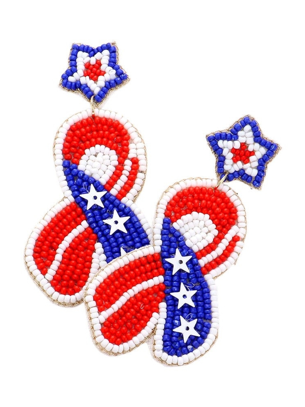 Beaded Patriotic Ribbon Earrings - Red White Blue Star Drop USA Memorial Salute